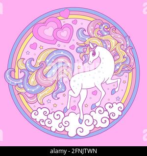 Carino, bianco, unicorno cartoon su sfondo rosa. Composizione circolare. Vettore Illustrazione Vettoriale