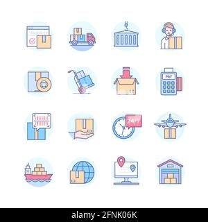 Logistica e servizi di consegna - set di icone di stile di disegno di linea. Idea di trasporto e spedizione. Ordine di consegna, imballaggio, trasporto di acqua e aria, o. Illustrazione Vettoriale