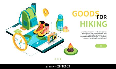 Merci per escursioni - banner Web isometrico moderno e colorato con spazio di copia per il testo. Vacanze all'aperto, avventura, backpacking idea. Attrezzatura da trekking, bo Illustrazione Vettoriale