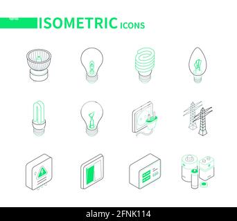 Alimentazioni elettriche - Set di icone isometriche moderne e colorate. Apparecchiature di illuminazione e idea di elettricità. Lampade alogene, fluorescenti, a incandescenza, a LED Illustrazione Vettoriale