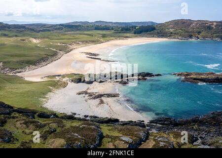 Vista aerea della spiaggia di Kiloran Bay sull'Isola di Colonsay, Inner Hebrides, Argyll e Bute, Scozia Foto Stock