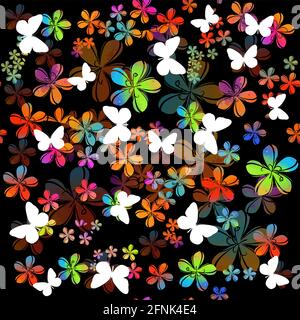Uno sfondo senza cuciture con fiori colorati con farfalle. Tessuto con fiori iridescenti. Supporti misti. Illustrazione vettoriale Illustrazione Vettoriale