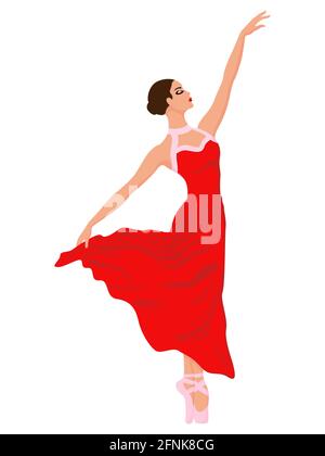 Adorabile ballerina in un vestito rosso lungo, vettore di disegno a mano, isolato su sfondo bianco Illustrazione Vettoriale