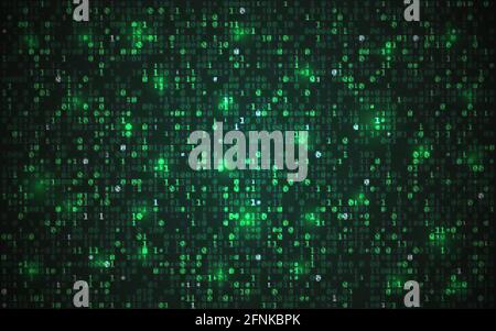 Codice binario. Sfondo matrice astratta. Progettazione di dati futuristici. Schermo digitale verde con dati. Trama cyberpunk con cifre casuali. Vettore Illustrazione Vettoriale