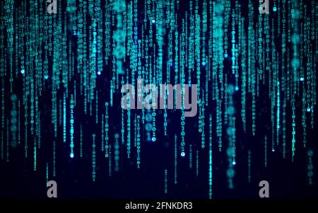 Sfondo matrice. Codice binario con numeri casuali. Carta da parati con tecnologia moderna. Cifre blu che cadono. Esecuzione di simboli di dati. Flusso astratto. Vettore Illustrazione Vettoriale