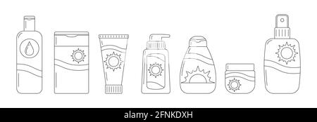 Bottiglie di protezione solare, icona vettoriale linea artistica isolata su sfondo bianco. Illustrazione Vettoriale