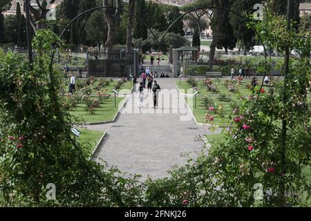 Roma, Italia. 17 maggio 2021. La gente visita Roma Rose Garden a Roma, 17 maggio 2021. Lunedì il gabinetto del primo ministro Mario Draghi ha deciso di rinviare il coprifuoco notturno anti-coronavirus e ha approvato un piano per un'ulteriore riapertura, mentre le tendenze pandemiche in Italia sono rimaste positive. Credit: Cheng Tingting/Xinhua/Alamy Live News Foto Stock