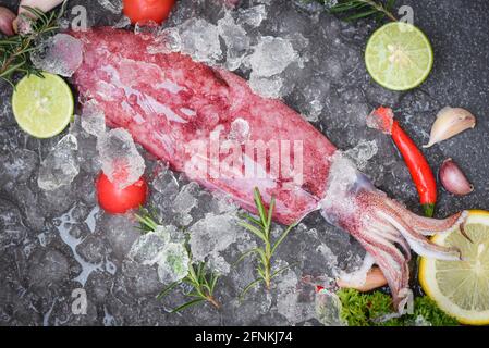 Pesce di seppia fresco crudo con limone e rosmarino su piatto scuro, calamari di mare su ghiaccio per cucinare il cibo nel ristorante Foto Stock