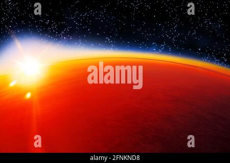Cosmic tramonto paesaggio, alba in cosmo sul pianeta Marte orizzonte, stelle, cielo blu scuro, raggi di luce del sole giallo, luce del sole rosso bagliore, corpi celesti Foto Stock