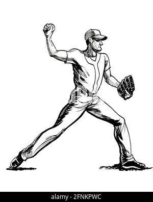 Giocatore di baseball di gettare una palla. L'inchiostro bianco e nero disegno Foto Stock