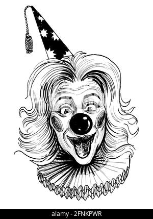 Clown femminile che guarda divertente. Disegno in bianco e nero con inchiostro Foto Stock
