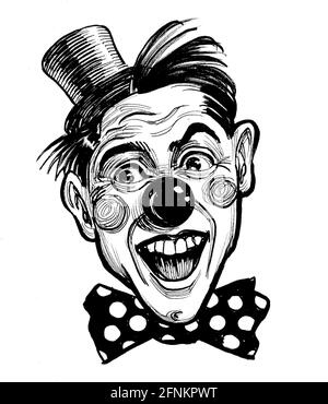 Faccia clown ridente. Disegno in bianco e nero con inchiostro Foto Stock
