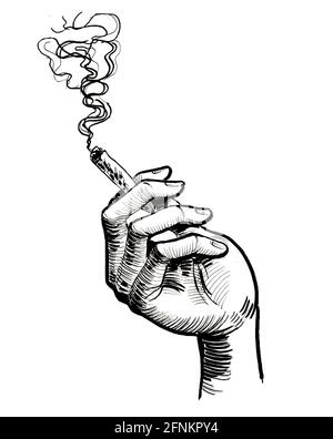 Mano con un fumatore marijuana comune. Disegno in bianco e nero con inchiostro Foto Stock