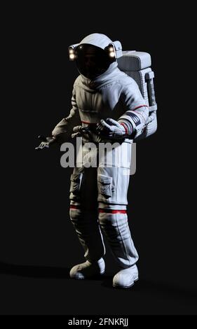 Illustrazione 3d l'astronauta posa contro isolato su sfondo nero con tracciato di ritaglio. Foto Stock