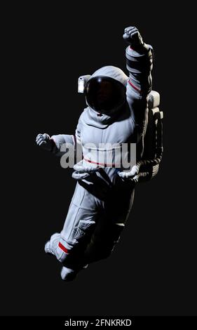Illustrazione 3d l'astronauta posa contro isolato su sfondo nero con tracciato di ritaglio. Foto Stock