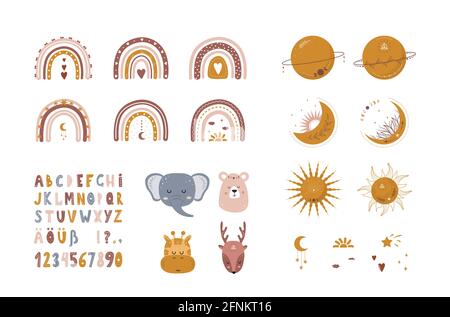 Insieme di elementi boho arcobaleni, pianeti, lune, soli, animali. Cute alfabeto disegnato a mano. Personaggi per poster, carte, arredamento, carta da parati Illustrazione Vettoriale
