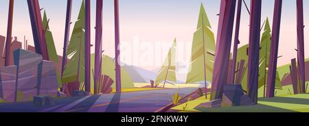 Paesaggio forestale con strada e montagne all'orizzonte. Cartoni animati vettoriali illustrazione della scena della natura con auto autostrada, alberi di conifere, pietre e valle di montagna al mattino. Concetto di viaggio e viaggio Illustrazione Vettoriale