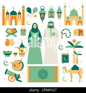 Set musulmano di icone di Arabo. Design piatto. Ramadan Kareem.Eid Mubarak illustrazione. Sfondo di colore verde. Illustrazione Vettoriale