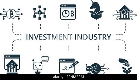 Set di icone del settore degli investimenti. La collezione contiene una confezione di icone creative pixel Perfect. Insieme di elementi del settore degli investimenti. Illustrazione Vettoriale