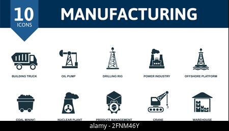 Set di icone di produzione. Contiene icone modificabili tema industriale come costruzione di autocarri, carro di perforazione, piattaforma offshore e altro ancora. Illustrazione Vettoriale