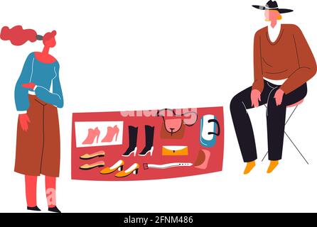 Uomo che vende scarpe e abbigliamento sul mercato delle pulci Illustrazione Vettoriale