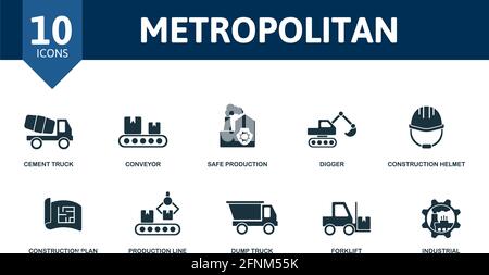 Set di icone metropolitane. Contiene icone modificabili tema industriale, come camion per cemento, produzione sicura, casco da costruzione e altro ancora. Illustrazione Vettoriale