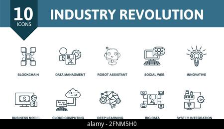 Set di icone della rivoluzione industriale. Contiene icone modificabili, ad 4.0 esempio blockchain, produzione, tecnologia cloud e altro ancora. Illustrazione Vettoriale