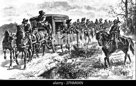 Trasporto / trasporto, pullman, autobus turistico pesante con scorta, circa 1630, incisione in legno, DIRITTI AGGIUNTIVI-AUTORIZZAZIONE-INFORMAZIONI-NON-DISPONIBILI Foto Stock