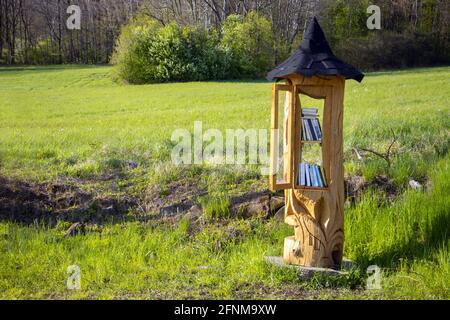 La biblioteca scolpita da un albero con libri per il pubblico in piedi su un prato, la Czechia. Foto Stock