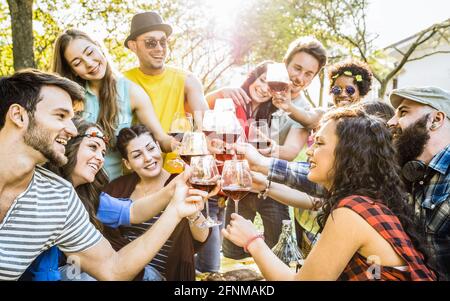 Gruppo di amici che tostano vino rosso divertendosi all'aperto Al picnic barbecue - i giovani che si godono il tempo estivo insieme a pranzo festa in giardino Foto Stock