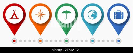 Set di icone vettoriali di viaggio e avventura, puntatori dal design piatto, modello infografico Illustrazione Vettoriale