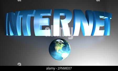 INTERNET blu scrittura piegata su sfondo nero, con Planet Earth - rappresentazione grafica 3D Foto Stock