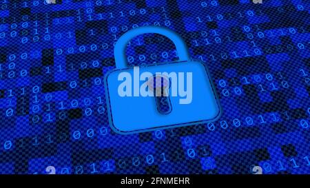 Sfondo grafico astratto dello schermo digitale - lucchetto chiuso su binario codice su mosaico di elementi quadrati con colori modificati casualmente - Illustrazione 3D Foto Stock