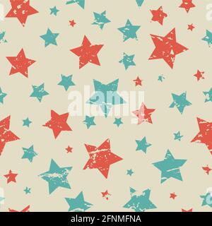 Motivo senza cuciture con stelle blu e rosse di diversa rotazione e dimensione su sfondo beige. Illustrazione vettoriale. Struttura COSMOS con particelle di deb Illustrazione Vettoriale