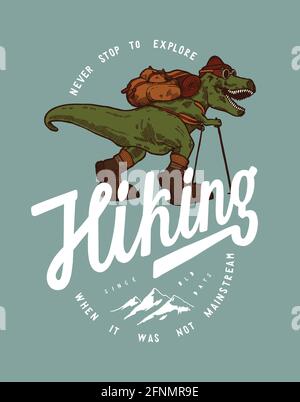 Dino escursionistico. T-rex dinosauro viaggiatore con uno zaino tipografia t-shirt stampa vettore illustrazione. Illustrazione Vettoriale