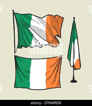 Bandiera dell'Irlanda sul vento e sul muro set di illustrazioni vettoriali disegnate a mano Illustrazione Vettoriale
