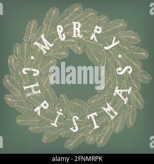 carta blu d'annata di wreath di pino di natale. lettere di festa di inverno. Illustrazione Vettoriale