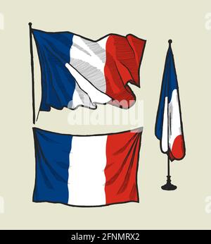 Francia bandiera illustrazione insieme, disegno della bandiera - bandiera della Francia nel vento, bandiera della Francia sul muro, bandiera della Francia in ufficio Illustrazione Vettoriale