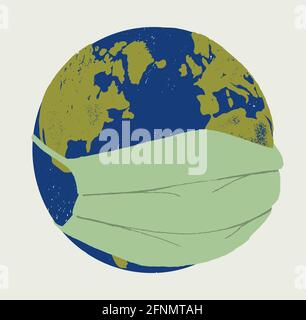 Pianeta Terra in maschera chirurgica. Pianeta in quarantena. Illustrazione Vettoriale