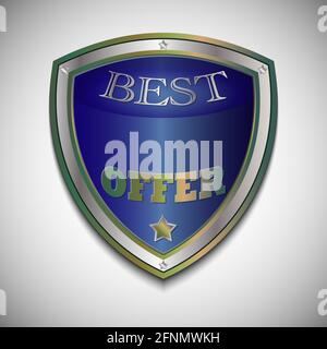 Schermo per badge Vector Best Offer. Etichetta realistica argento-cooper e blu - badge, migliore offerta con la stella. Icona realistica isolata sul gradiente grigio ba Illustrazione Vettoriale
