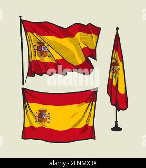 Bandiera della Spagna sul vento e sul muro set di illustrazioni Illustrazione Vettoriale