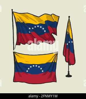 Venezuela bandiera illustrazione insieme - venezuela bandiera sul vento, in ufficio e sul muro Illustrazione Vettoriale