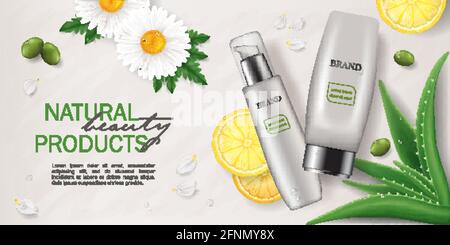Banner di cosmetici naturali per la cura della pelle con piante verdi, rappresentazione vettoriale realistica primo piano Illustrazione Vettoriale