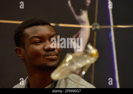 Hugues Fabrice Zango, atleta del Burkina Faso, parla durante la conferenza stampa prima del Golden Spike (Zlata tretra) Continental Tour - Gold Athletic Event a Ostrava, Repubblica Ceca, 18 maggio 2021. (Foto CTK/Jaroslav Ozana) Foto Stock