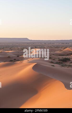 Vista del tramonto verticale nel deserto di Merzouga in Marocco Foto Stock