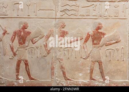 Misteriose figure egiziane incise sulla parete luminosa. Foto Stock