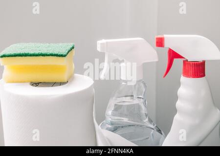 set pulizia per finestre, diverse superfici in cucina, bagno e altre camere. Pulizia regolare della molla Foto Stock