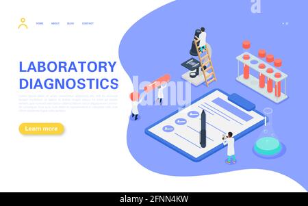 Informazioni banner diagnostici di laboratorio. Le persone più piccole trasportano una provetta con sangue, il personale medico studia i test e registra i risultati. Vettore piatto Illustrazione Vettoriale