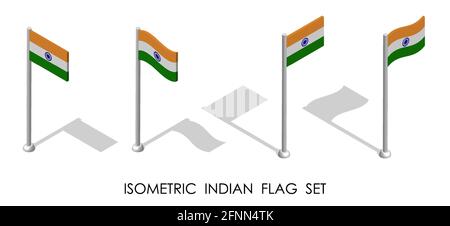 Bandiera isometrica della Repubblica dell'India in posizione statica e in movimento sul flagpole. vettore 3d Illustrazione Vettoriale