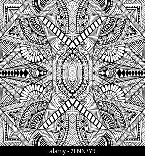 Geometrico astratto psichedelico nero e bianco decorativo intricato modello con molti dettagli e linee di colorazione pagina. Illustrazione Vettoriale